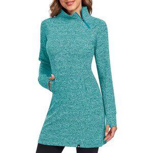Women Fleece Running Dress Tunic Sweatshirt 1/4 Zip Mock Neck Dress Peacock Blue